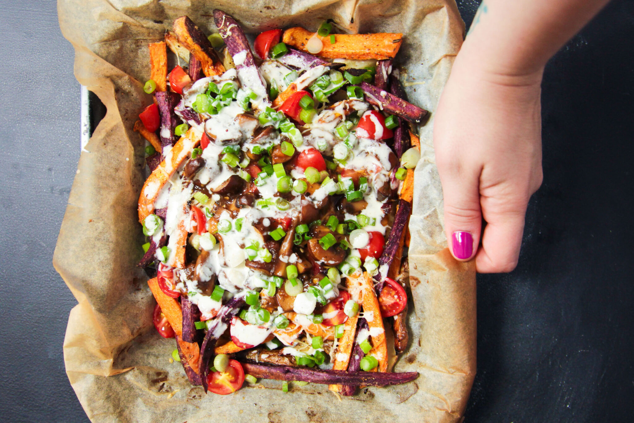 Colourful Gourmet Poutine With Whisky Mushroom Gravy and Garlic Yogurt Colourful Gourmet Poutine With Whisky Mushroom Gravy and Garlic Yogurt