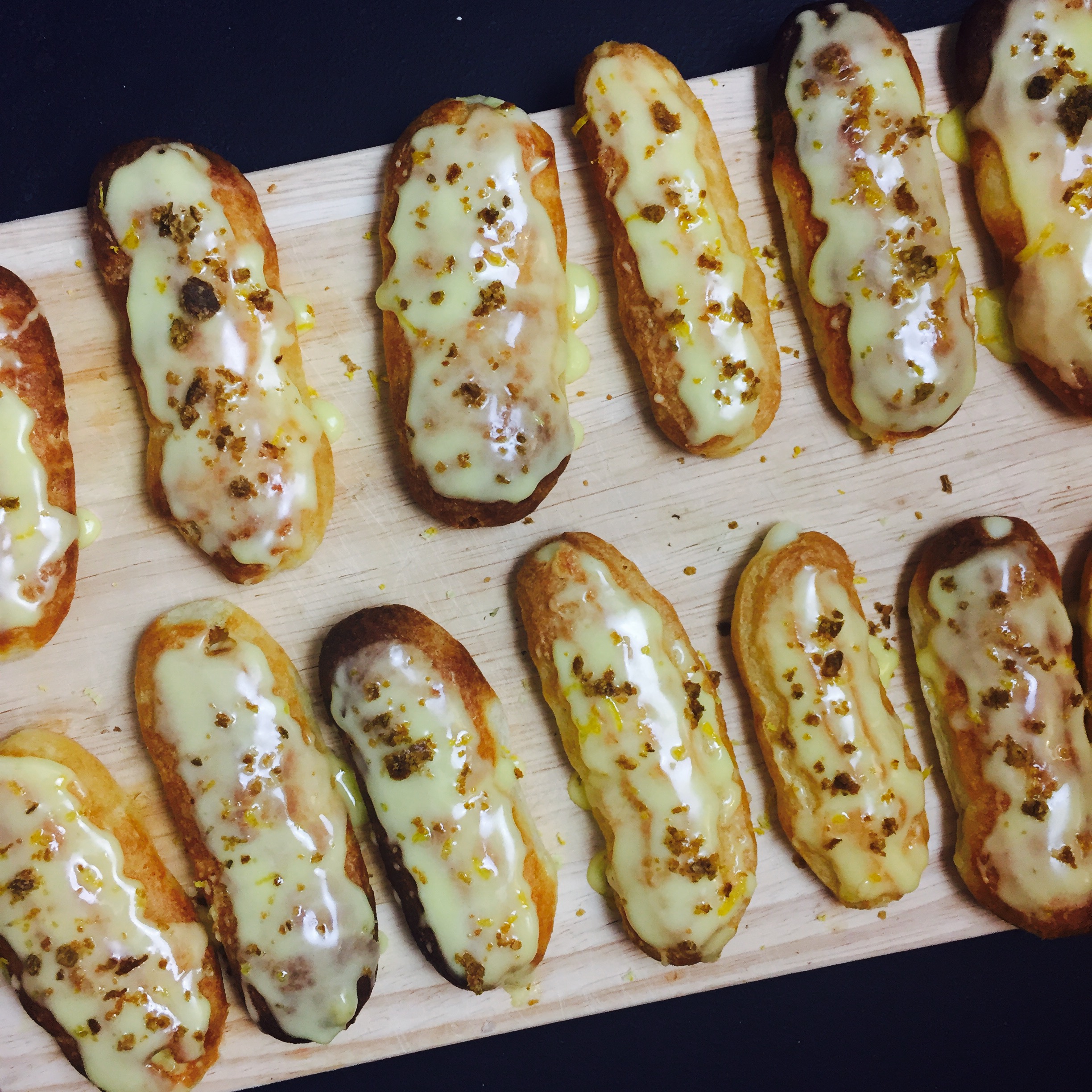 Deconstructed Vodka Martini éclairs with green olive powder