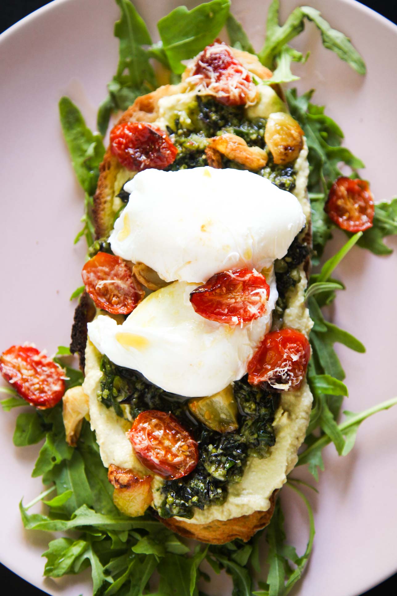 Delicious Umami Brunch with Oven Roasted Tomatoes, Hummus and Pesto | Berries and Spice