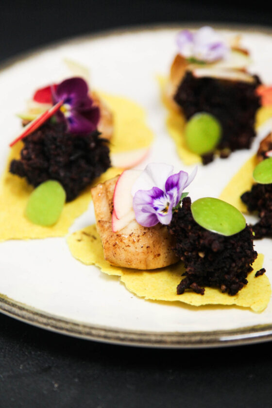 Fancy Starter with Scallops Black Pudding and Apple Berries & Spice