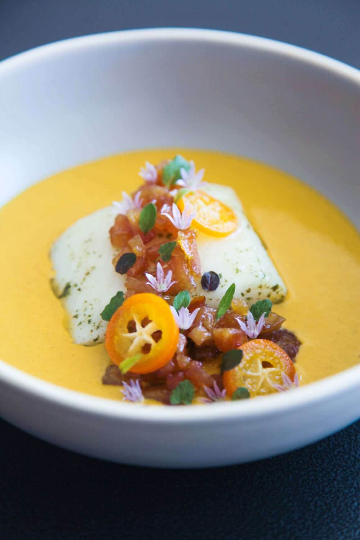 Exquisite halibut, lemon verbena, golden curry, quince and kumquat | Berries and Spice