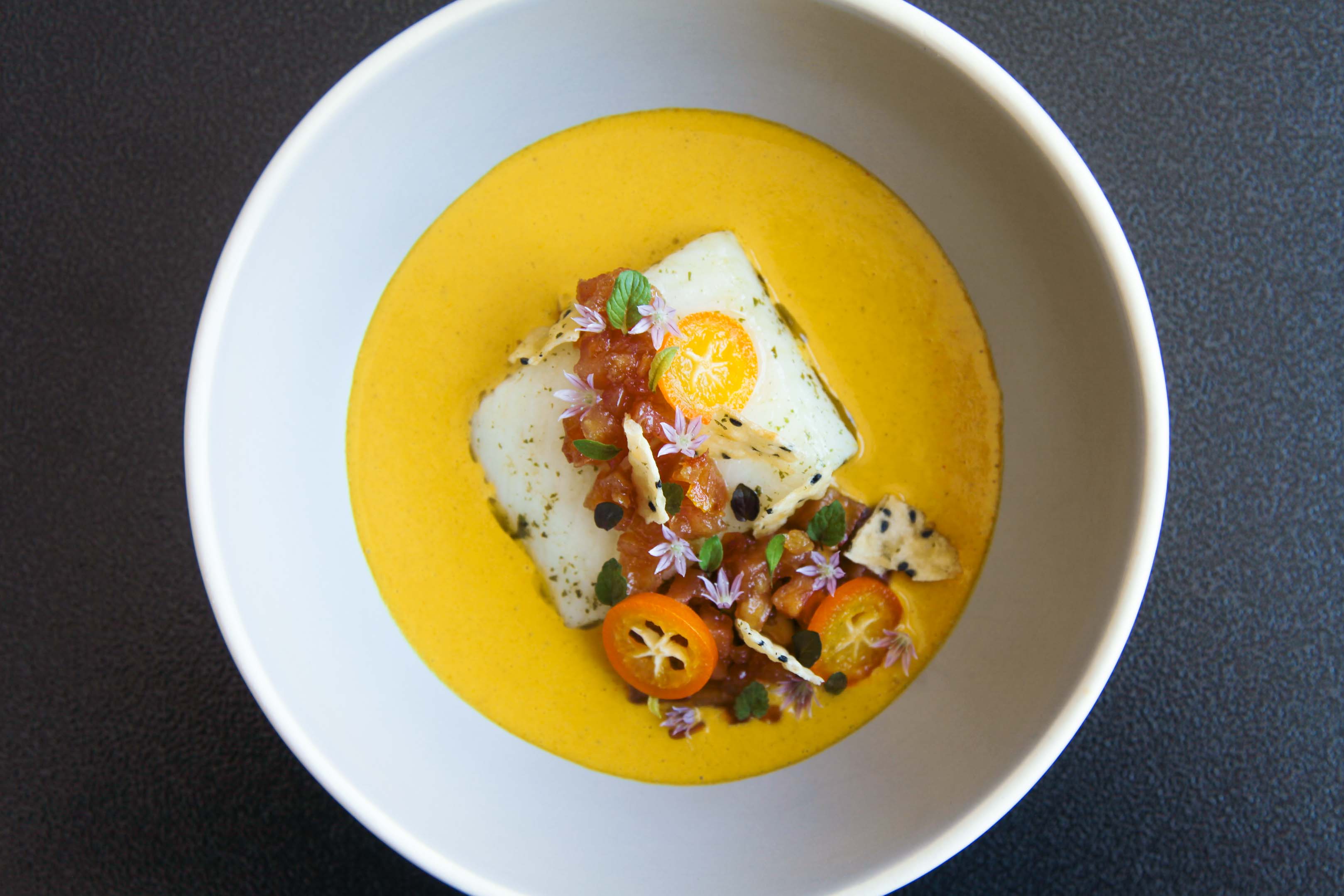 Exquisite halibut, lemon verbena, golden curry, quince and kumquat | Berries and Spice