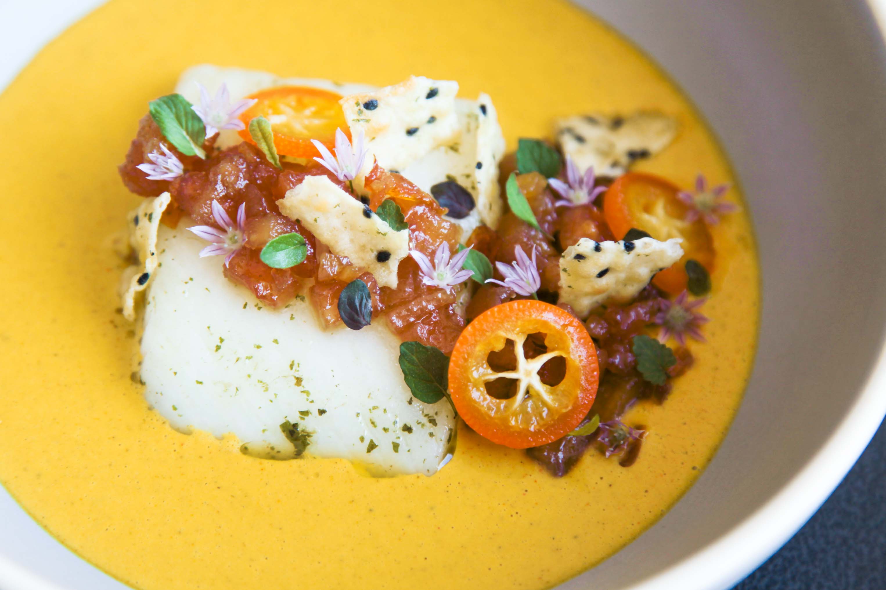 Exquisite halibut, lemon verbena, golden curry, quince and kumquat | Berries and Spice