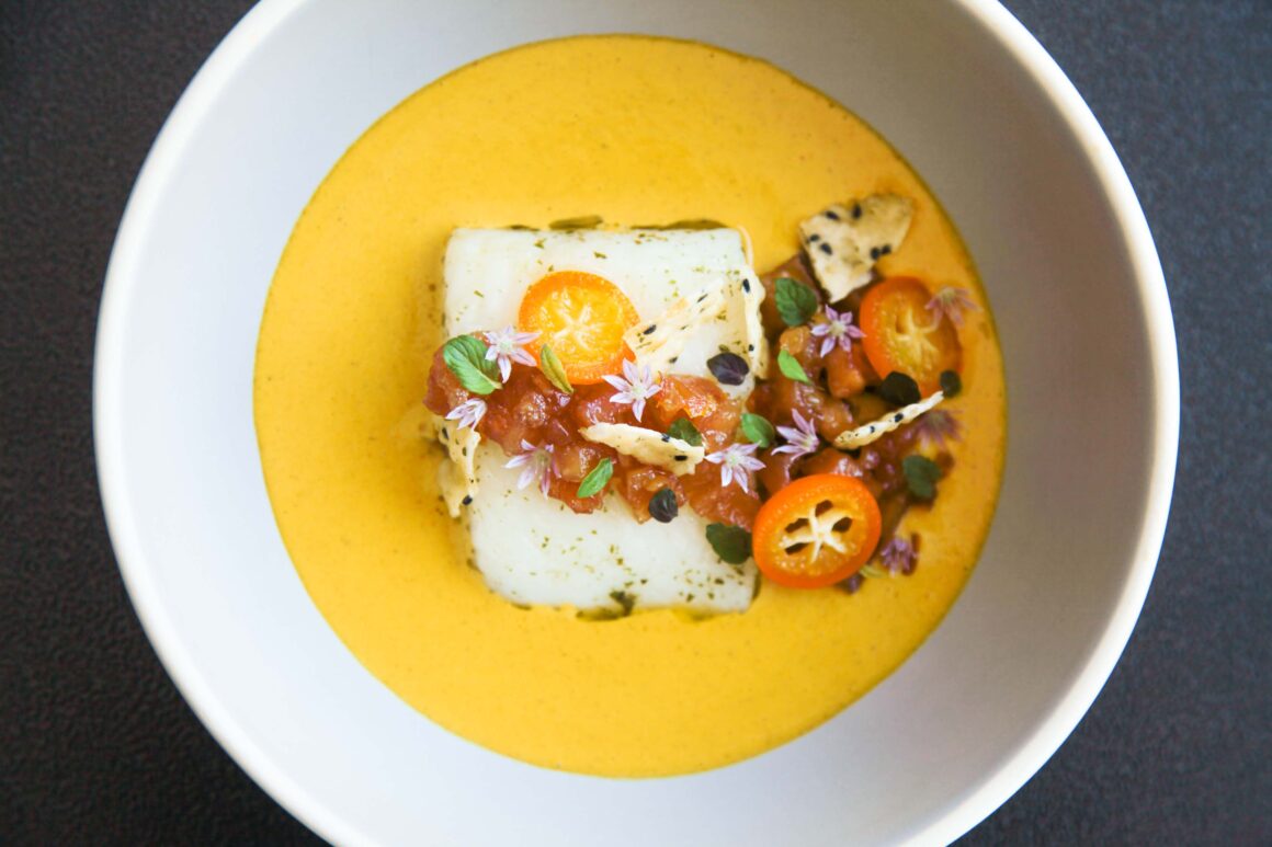 Exquisite halibut, lemon verbena, golden curry, quince and kumquat | Berries and Spice