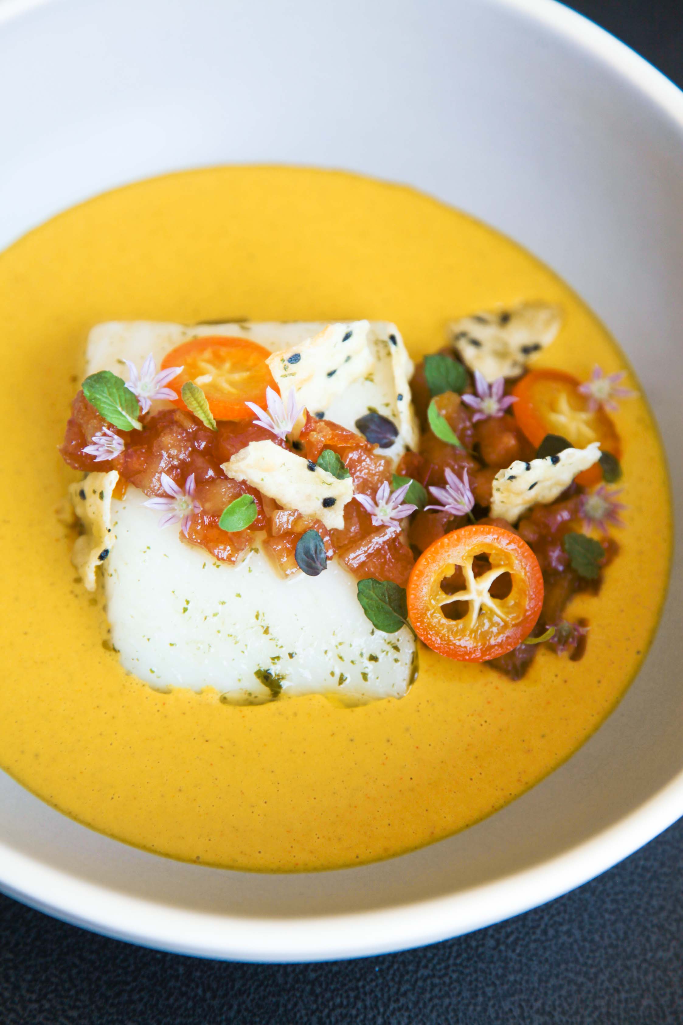 Exquisite halibut, lemon verbena, golden curry, quince and kumquat | Berries and Spice