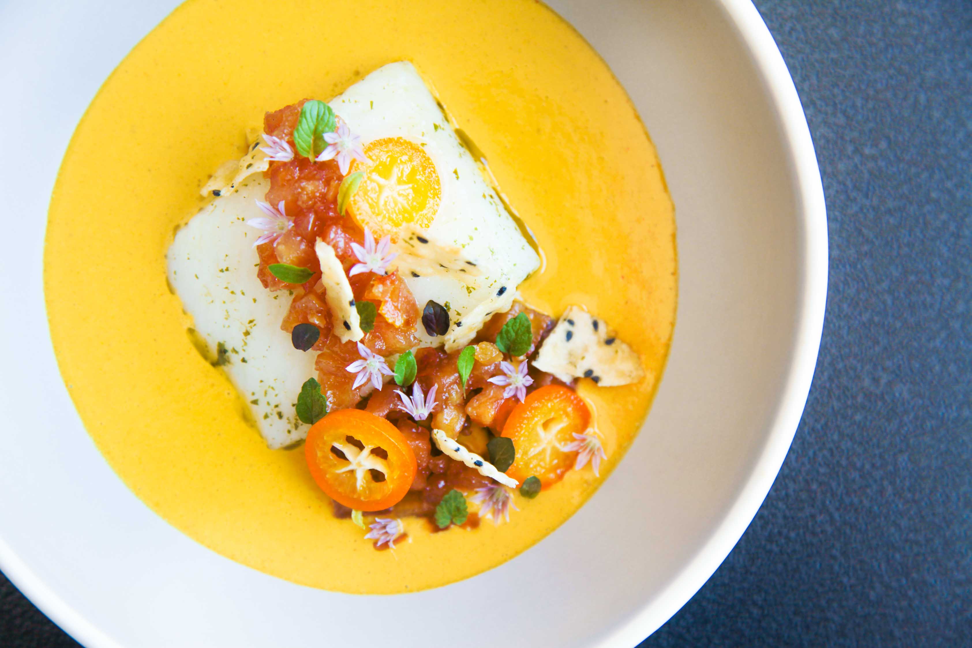 Exquisite halibut, lemon verbena, golden curry, quince and kumquat | Berries and Spice