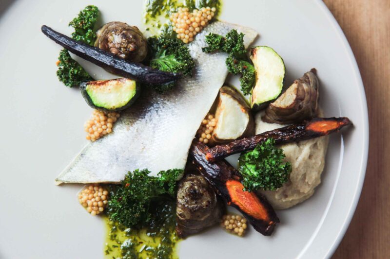 Pike Perch with winter vegetables, wild garlic, crispy kale and mustard | Berries and Spice